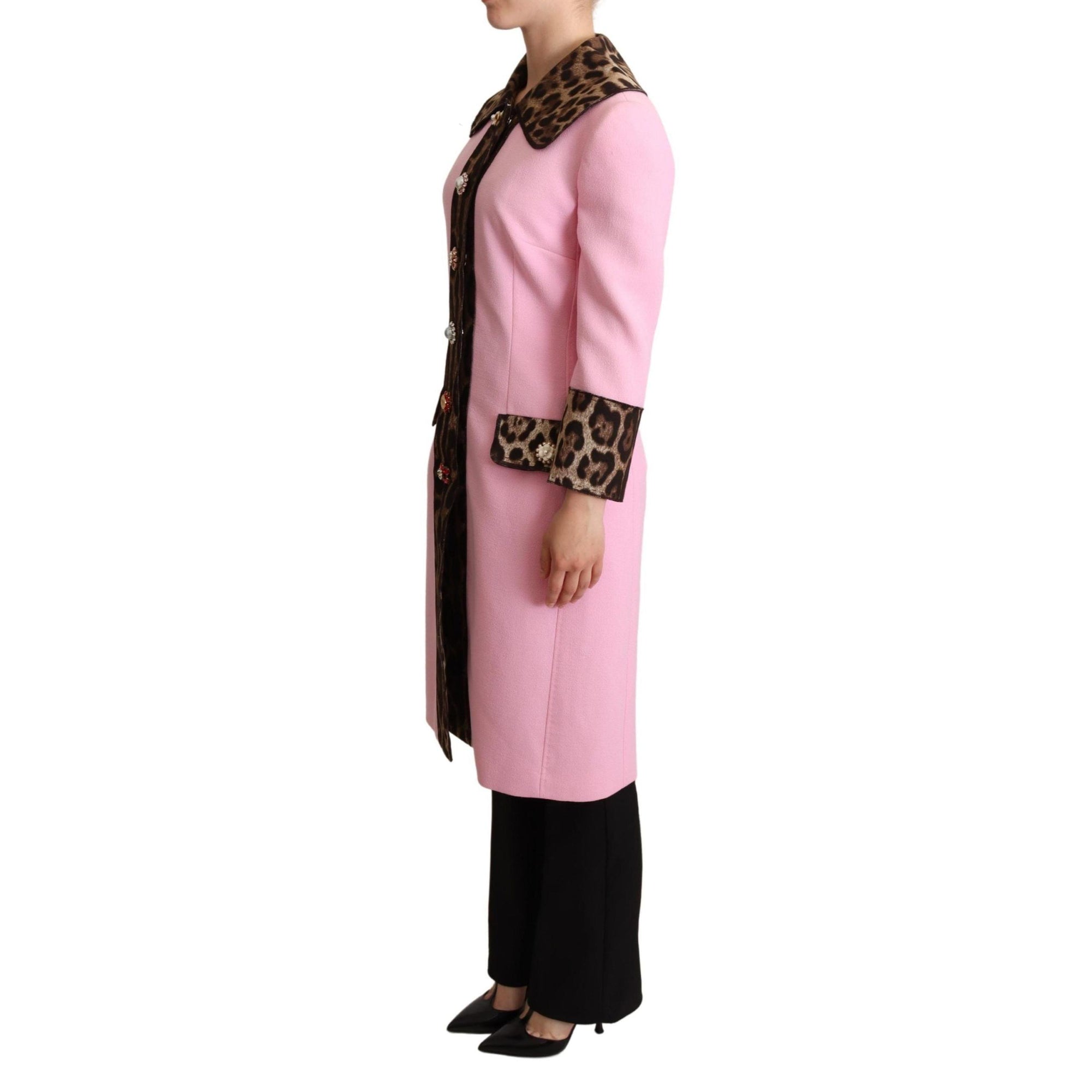 Dolce &amp; Gabbana Chic Pink Leopard Trench with Crystal Buttons
