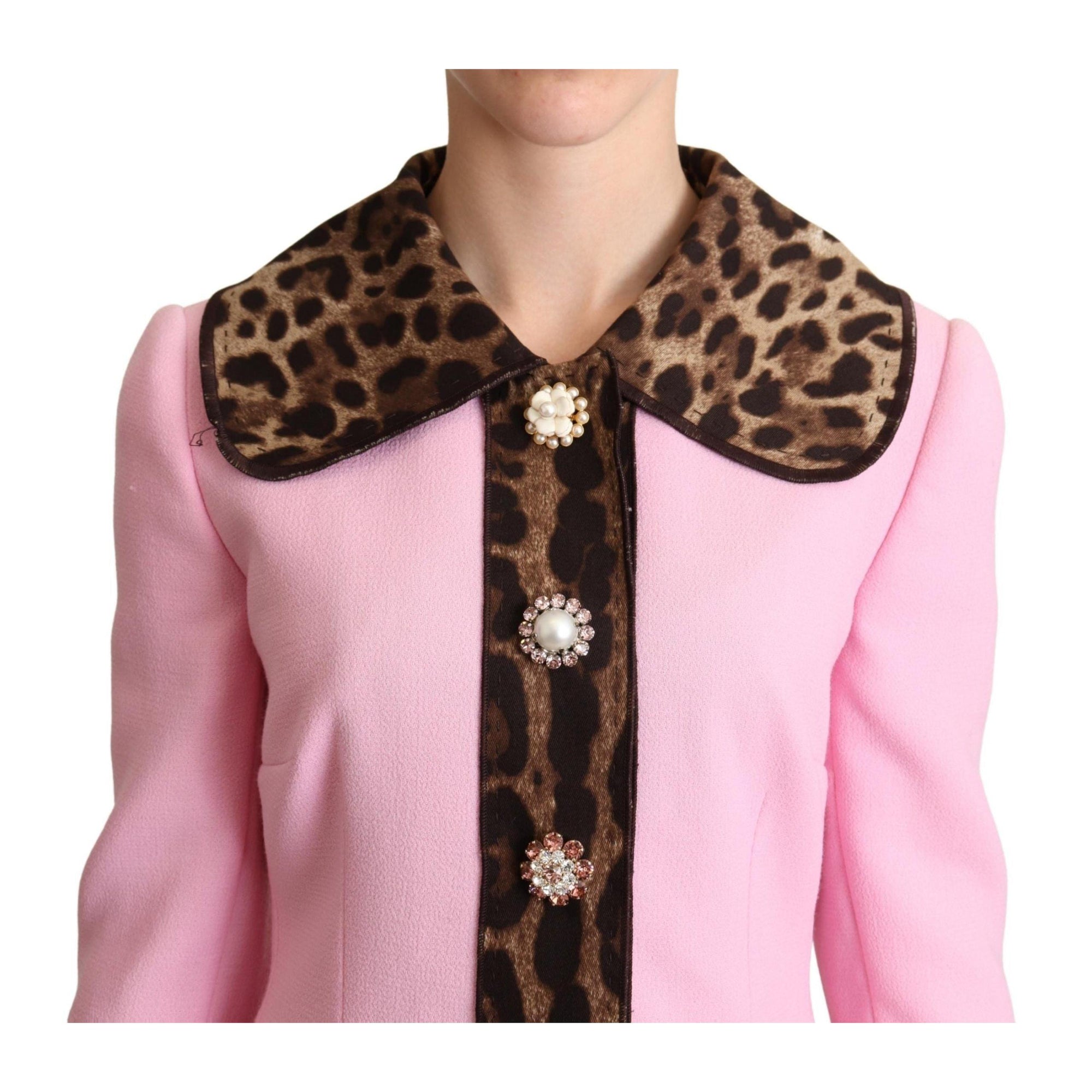 Dolce &amp; Gabbana Chic Pink Leopard Trench with Crystal Buttons