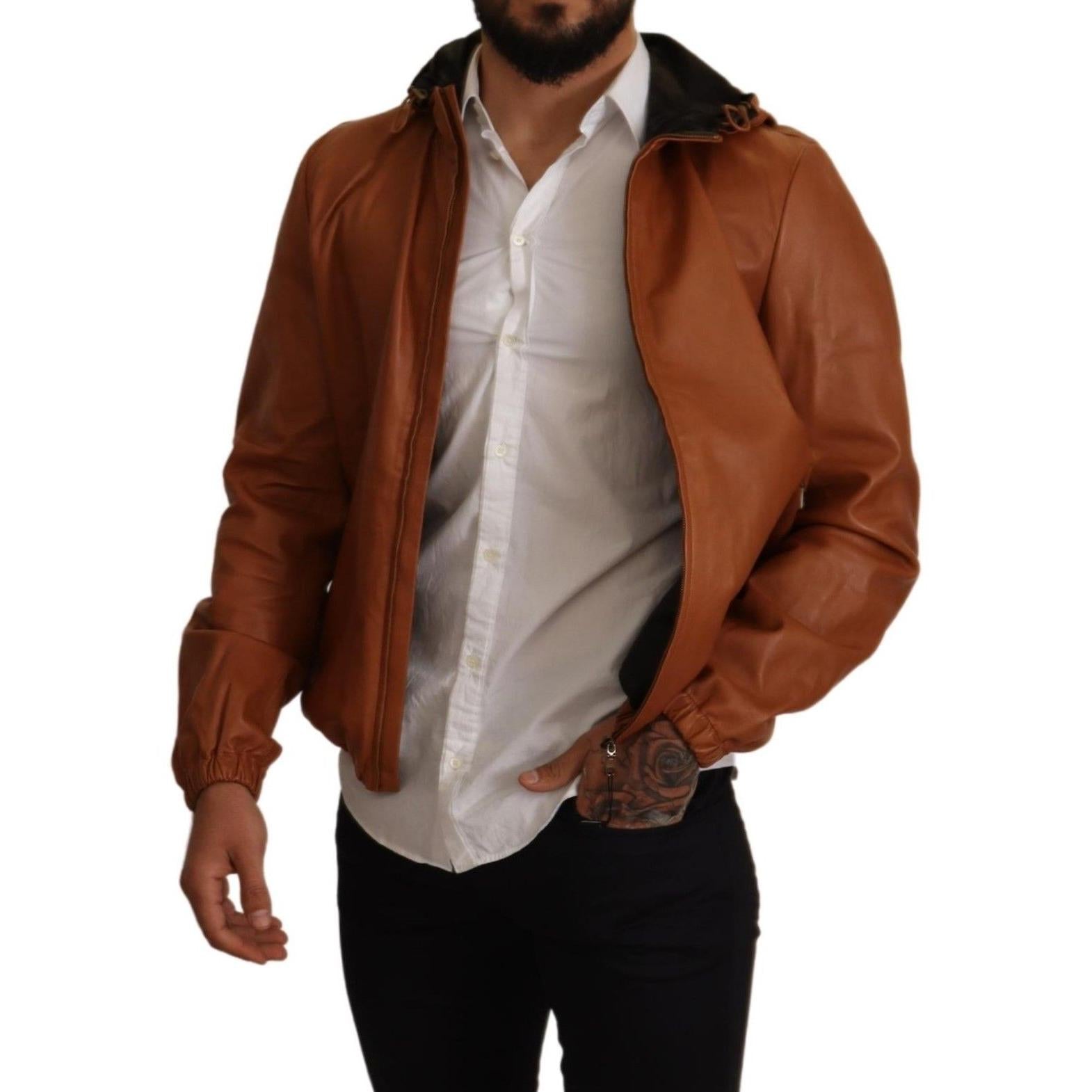 Dolce &amp; Gabbana Elegant Brown Leather Bomber Jacket