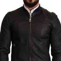 Dolce & Gabbana Elegant Leather Bomber Jacket in Dark Blue