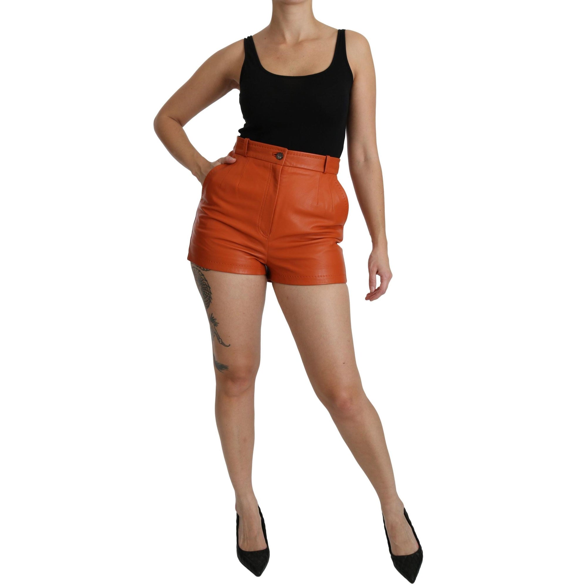 Dolce &amp; Gabbana Chic Orange Leather High Waist Hot Pants