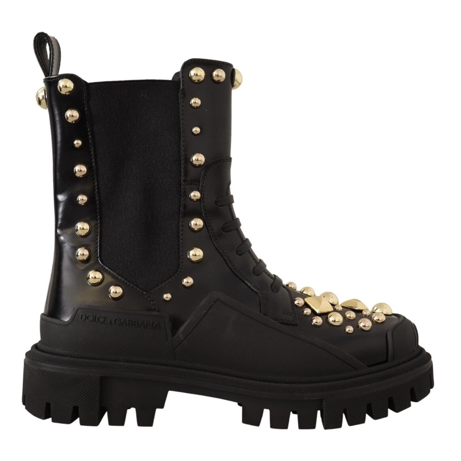 Dolce &amp; Gabbana Studded Leather Combat Boots with Embroidery