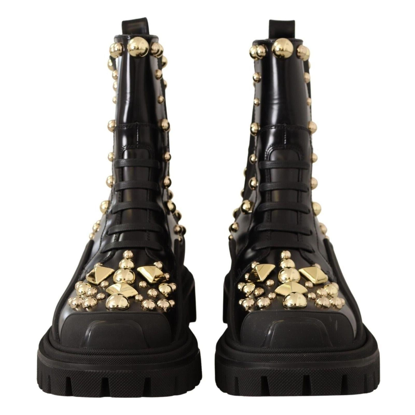 Dolce &amp; Gabbana Studded Leather Combat Boots with Embroidery