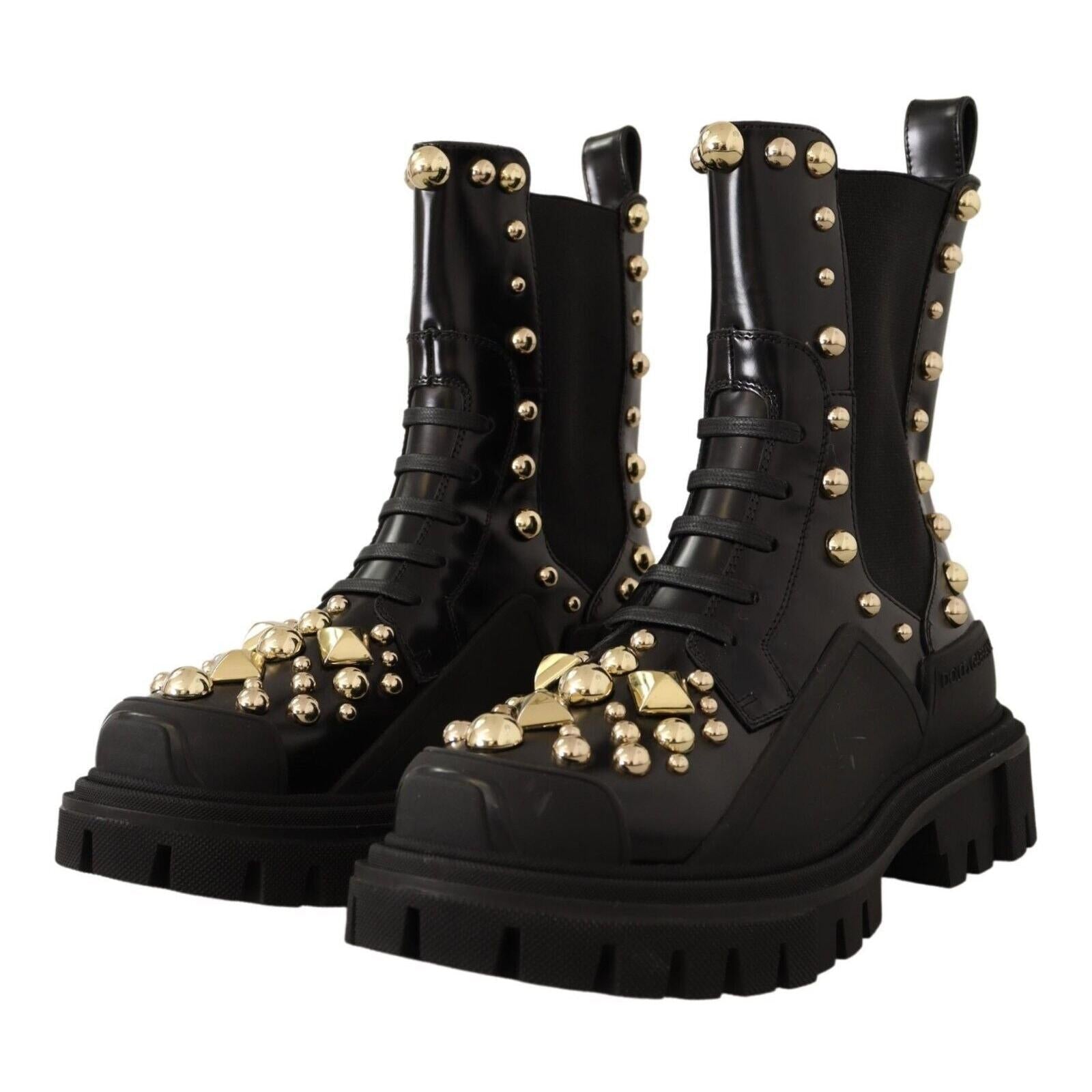 Dolce &amp; Gabbana Studded Leather Combat Boots with Embroidery