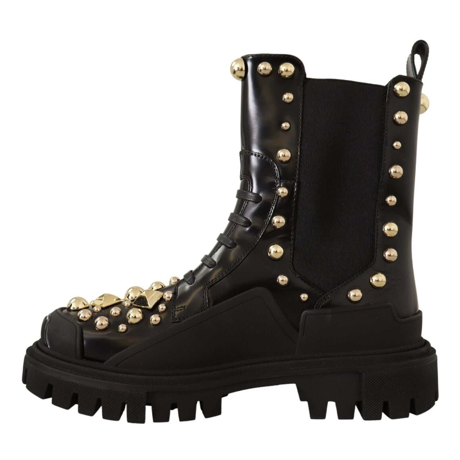 Dolce &amp; Gabbana Studded Leather Combat Boots with Embroidery