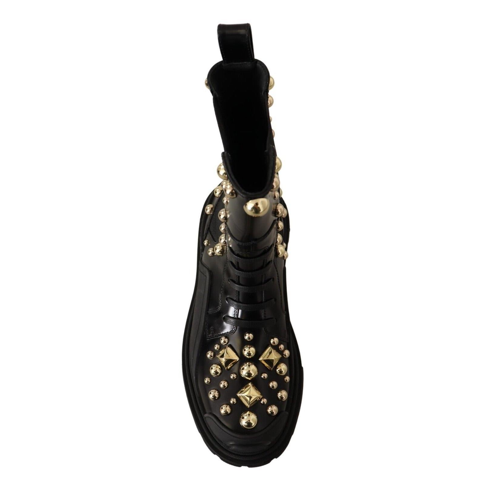 Dolce &amp; Gabbana Studded Leather Combat Boots with Embroidery