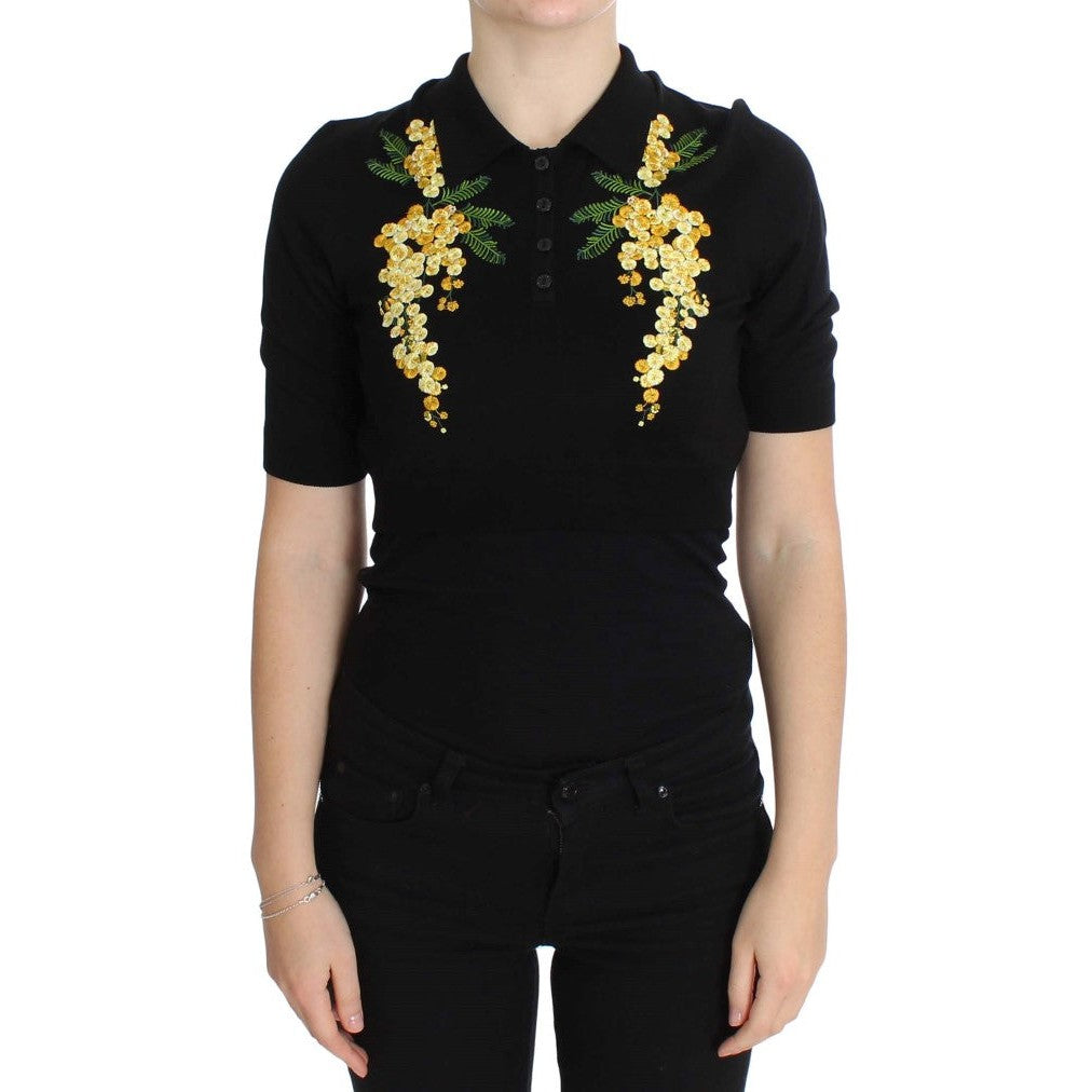 Dolce & Gabbana Elegant Black Silk Floral Polo Top