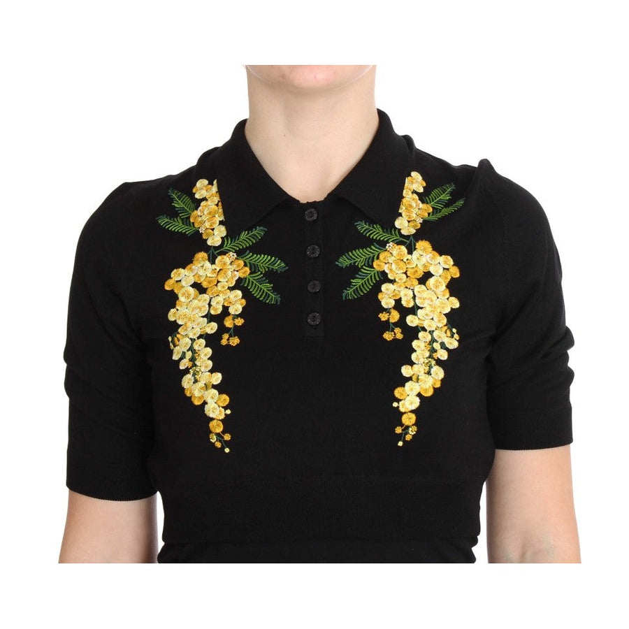 Dolce & Gabbana Elegant Black Silk Floral Polo Top