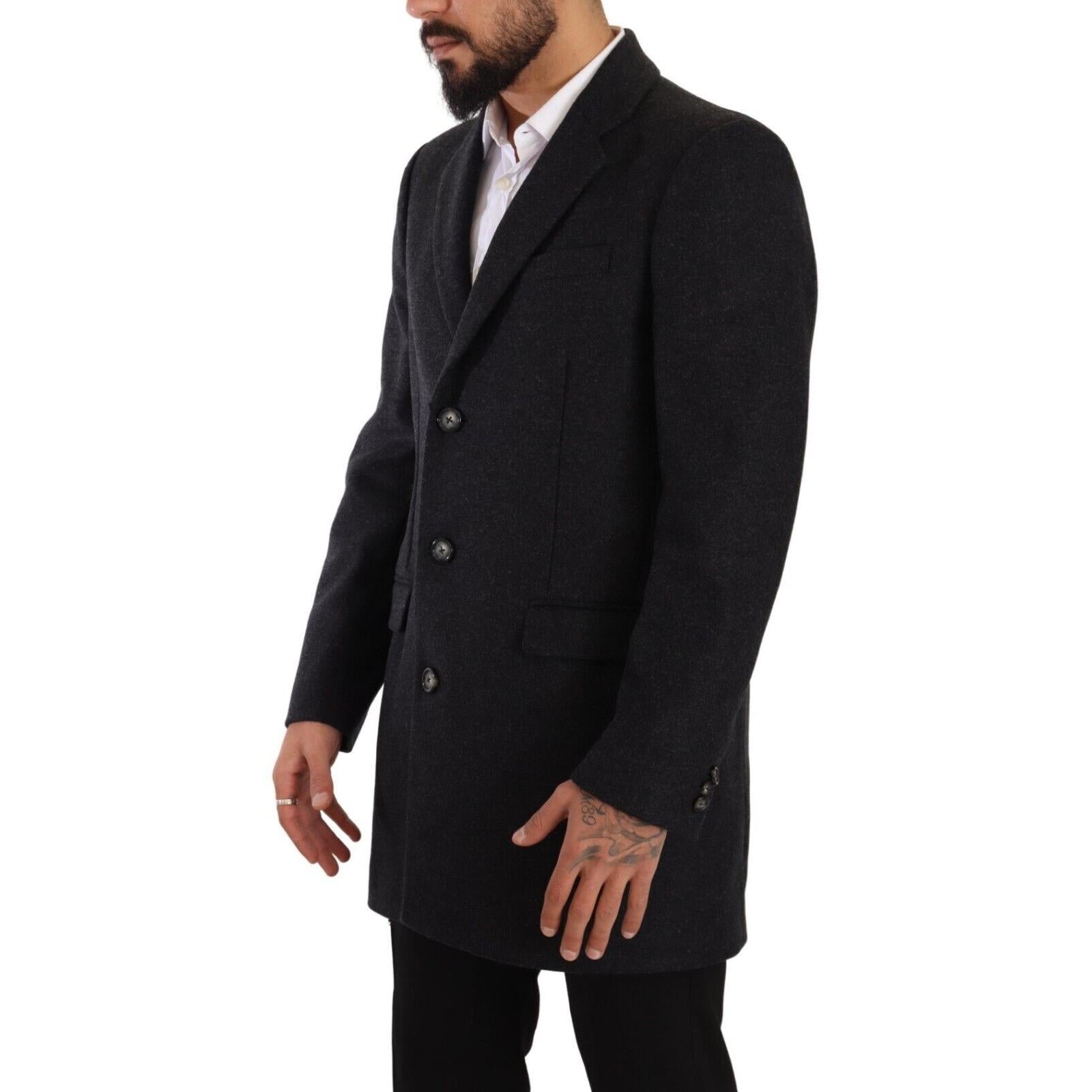 Dolce &amp; Gabbana Elegant Dark Grey Woolen Overcoat