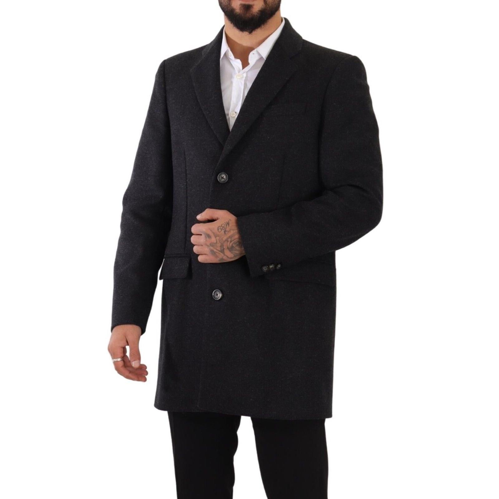 Dolce &amp; Gabbana Elegant Dark Grey Woolen Overcoat