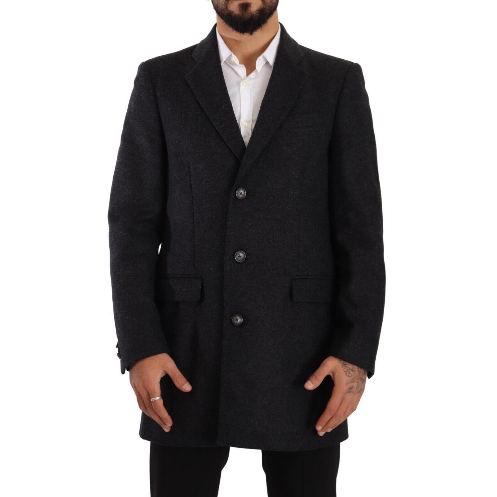 Dolce &amp; Gabbana Elegant Dark Grey Woolen Overcoat