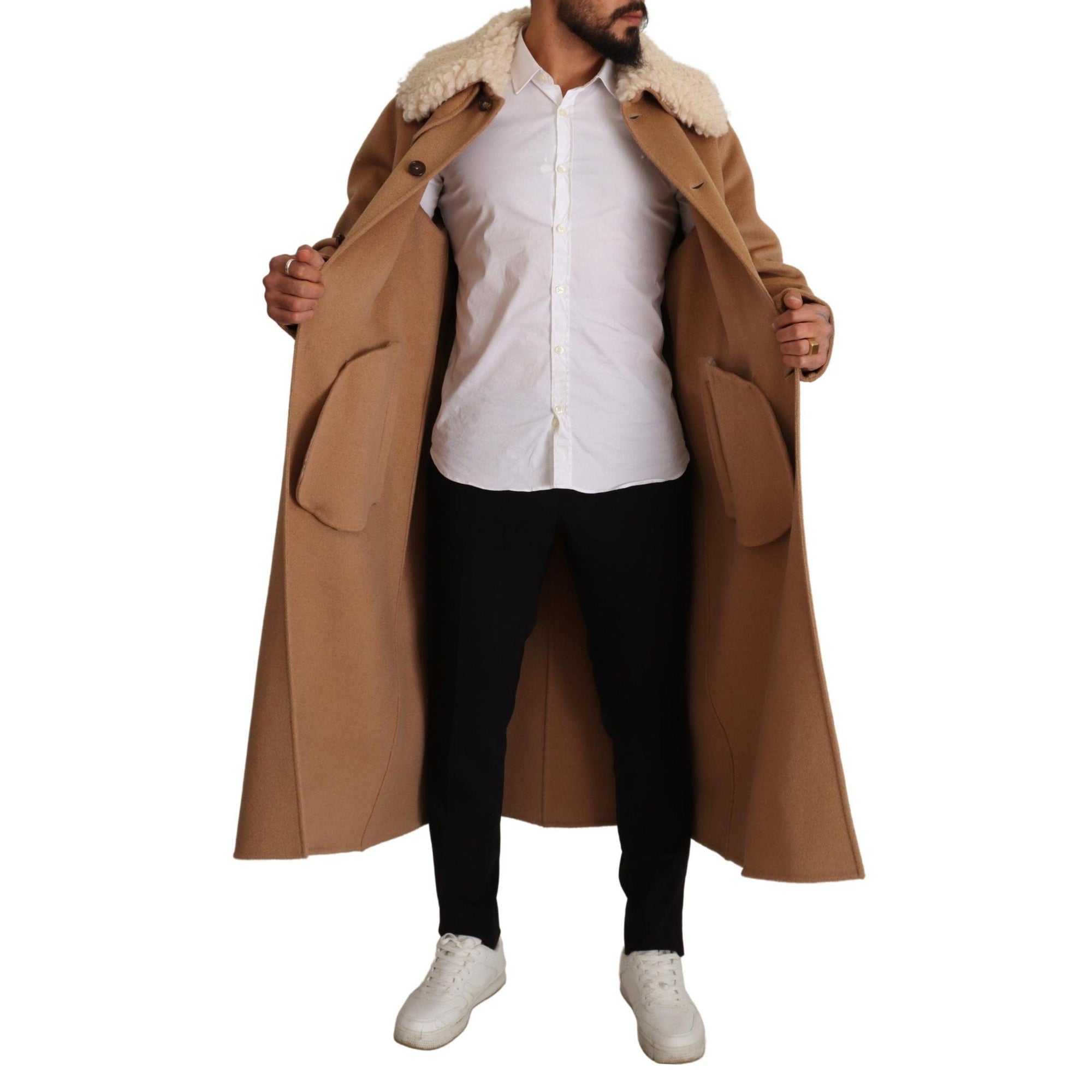 Dolce &amp; Gabbana Opulent Beige Shearling-Collar Overcoat