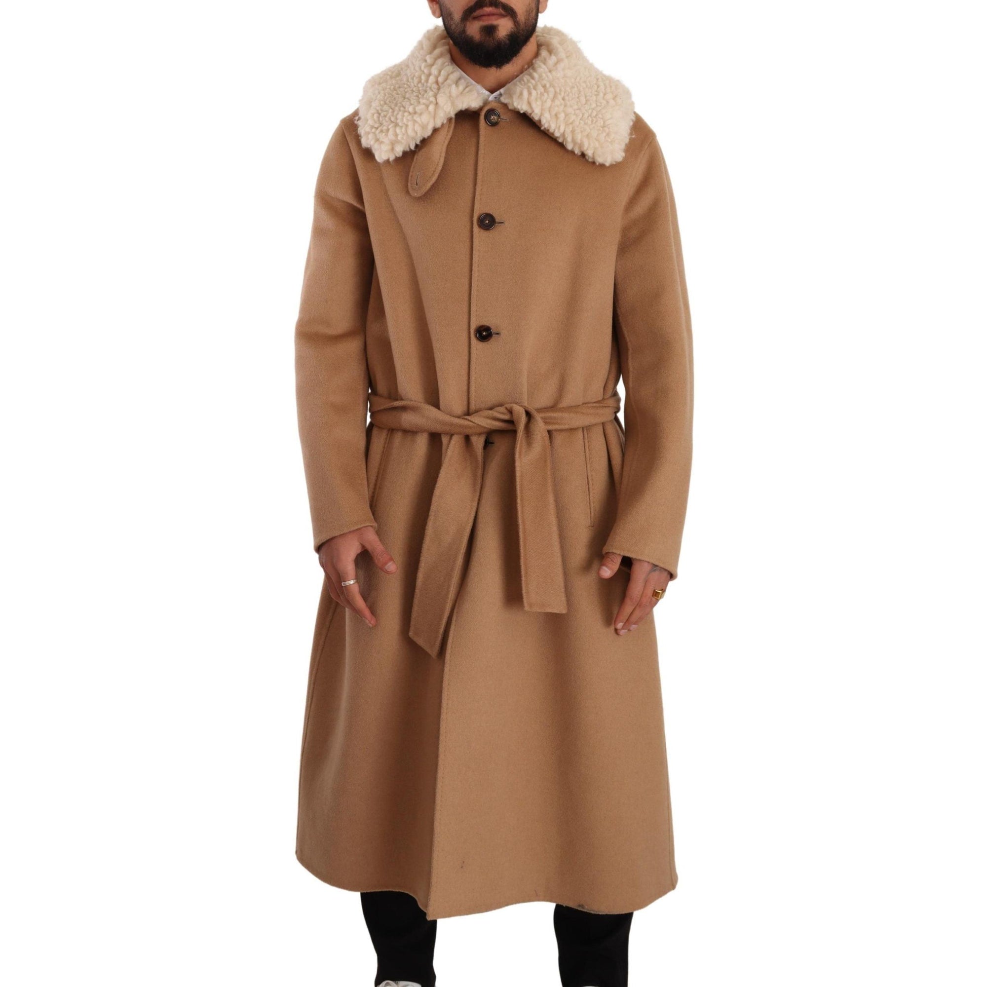 Dolce &amp; Gabbana Opulent Beige Shearling-Collar Overcoat