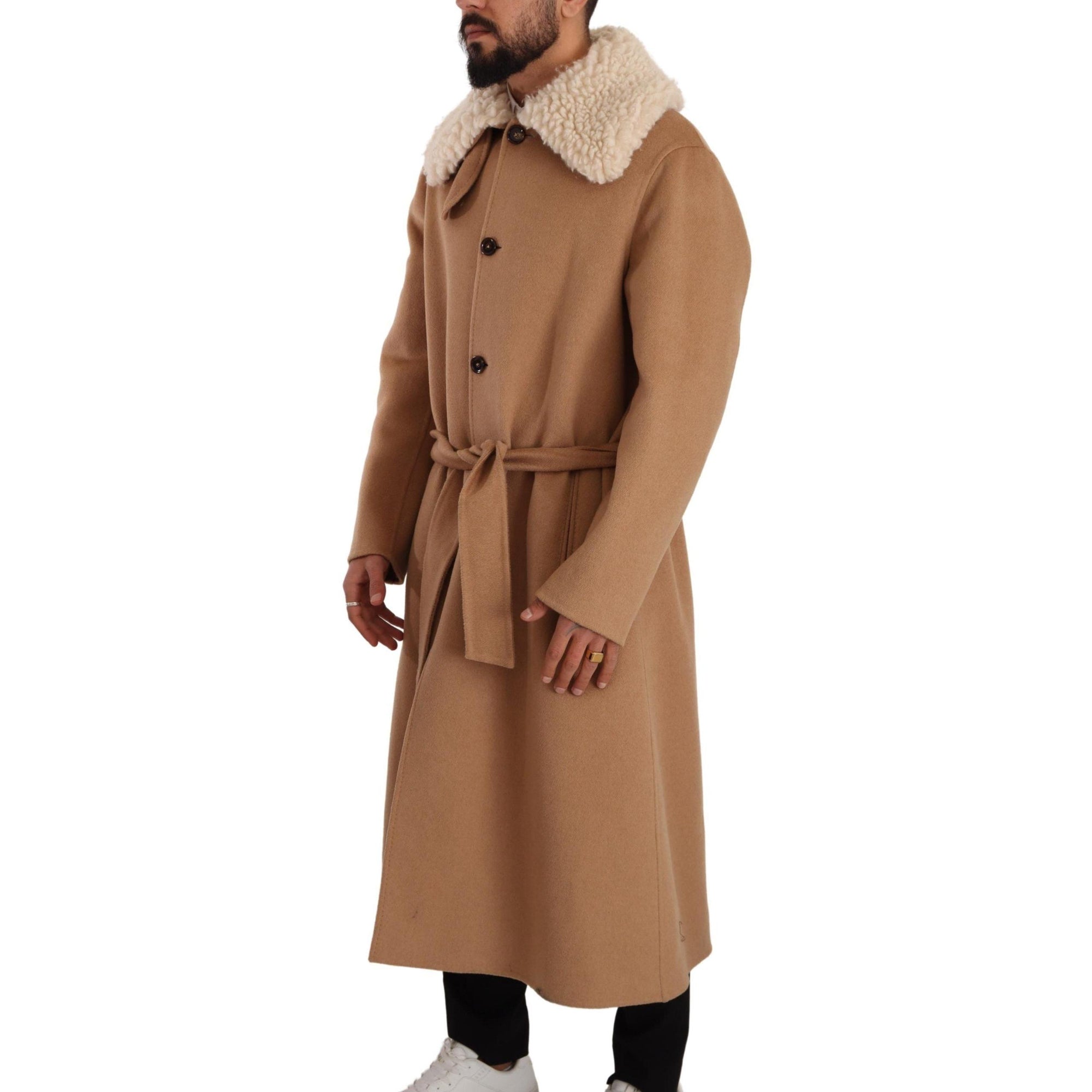 Dolce &amp; Gabbana Opulent Beige Shearling-Collar Overcoat