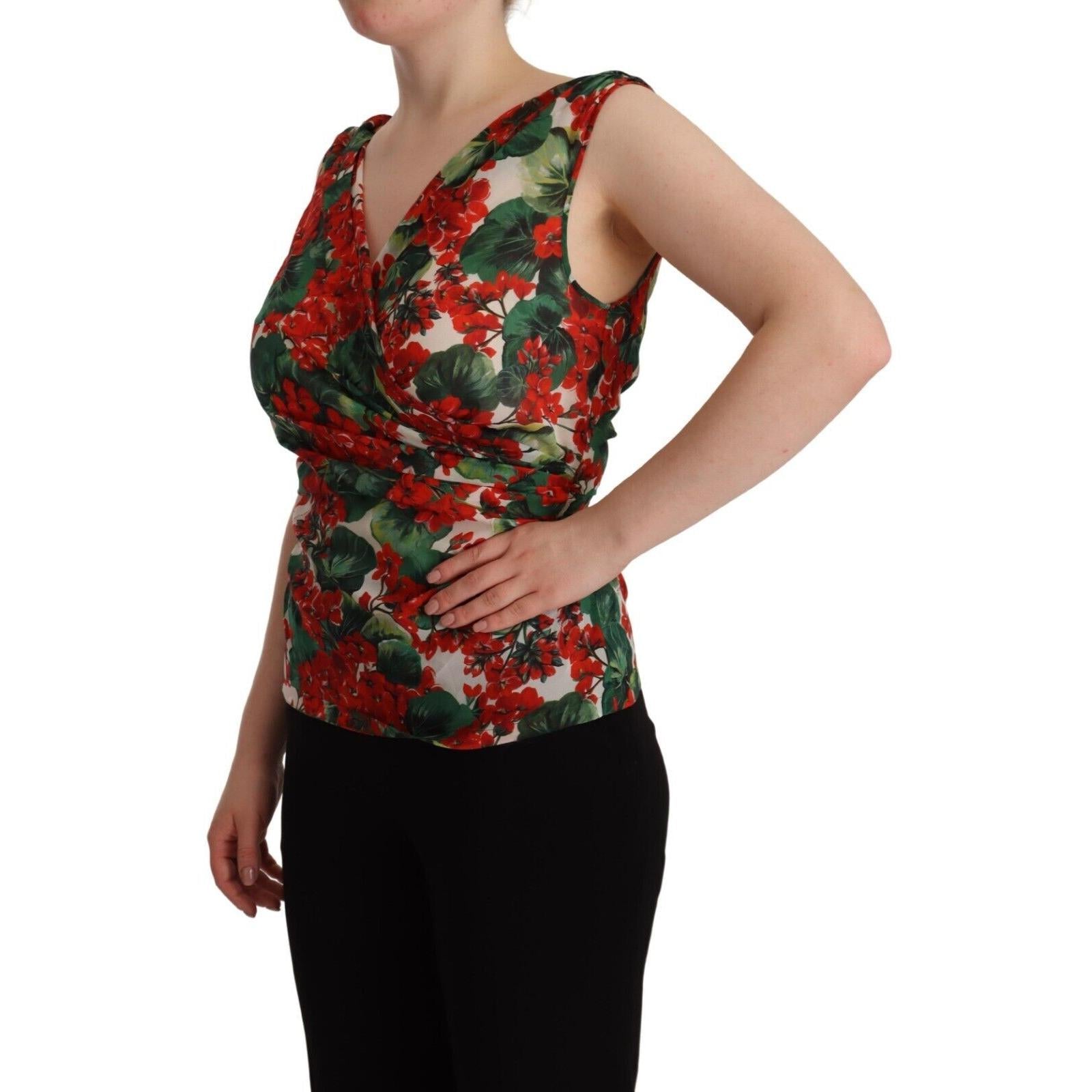 Dolce &amp; Gabbana Elegant V-Neck Geranium Print Silk Tank Top