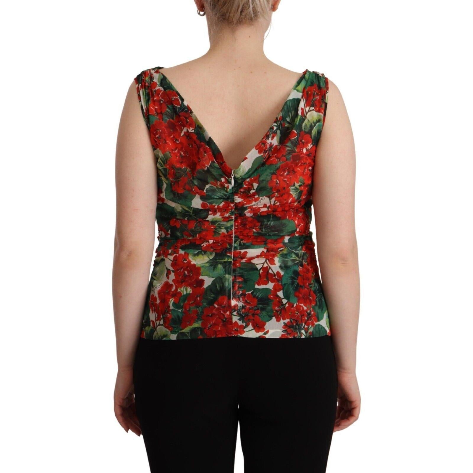Dolce &amp; Gabbana Elegant V-Neck Geranium Print Silk Tank Top
