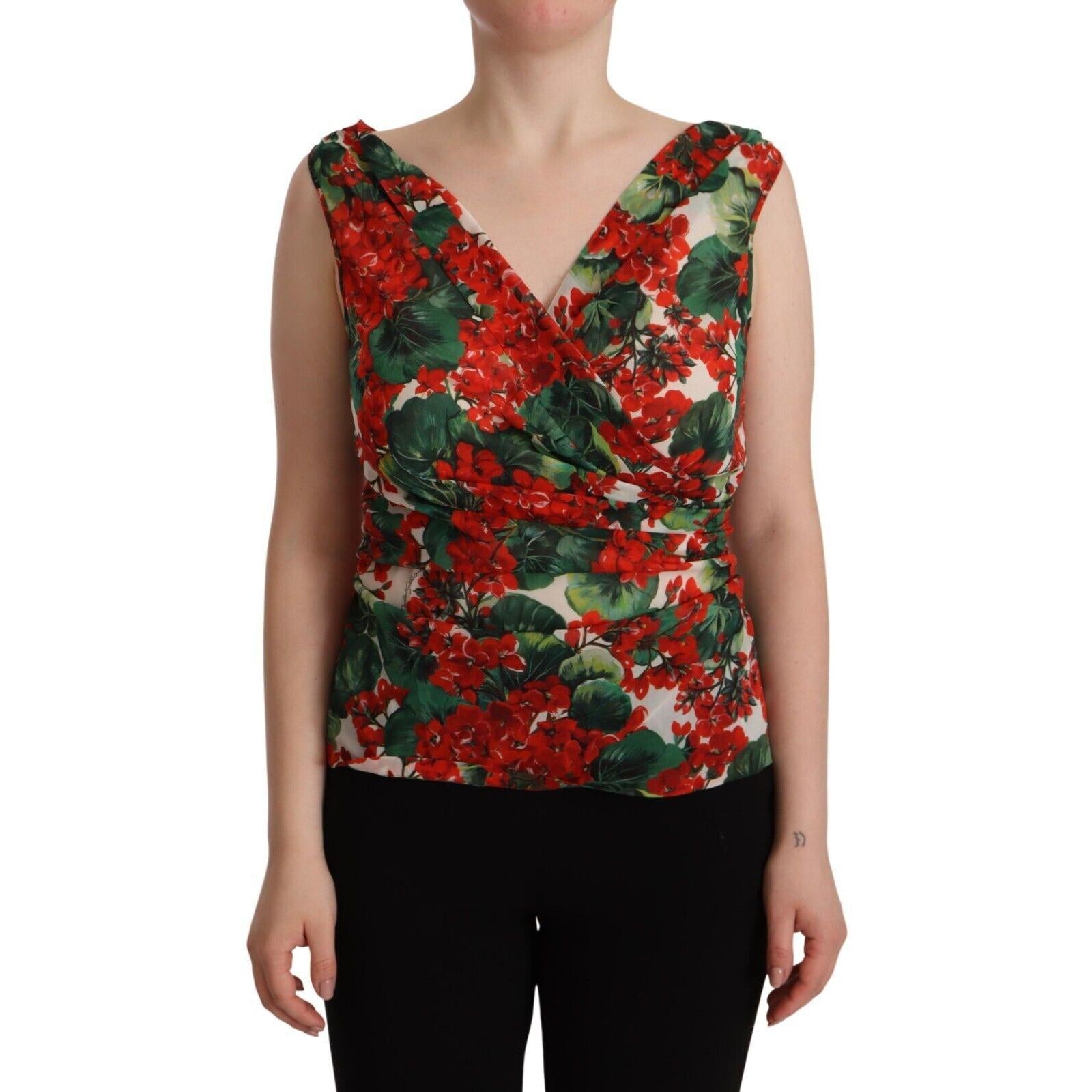 Dolce &amp; Gabbana Elegant V-Neck Geranium Print Silk Tank Top