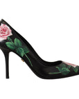 Dolce & Gabbana Elegant Black Rose Print Leather Heels