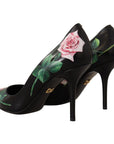 Dolce & Gabbana Elegant Black Rose Print Leather Heels