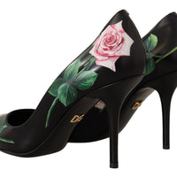 Dolce & Gabbana Elegant Black Rose Print Leather Heels