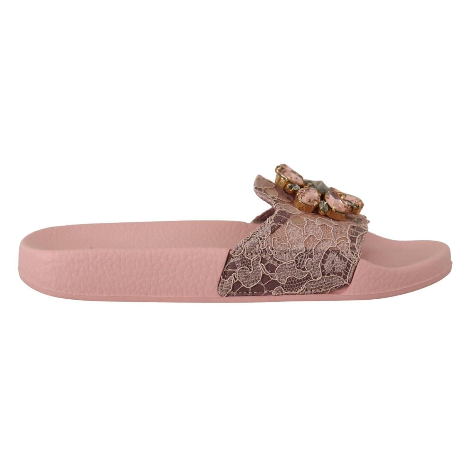 Dolce &amp; Gabbana Floral Lace Crystal Embellished Slide Flats