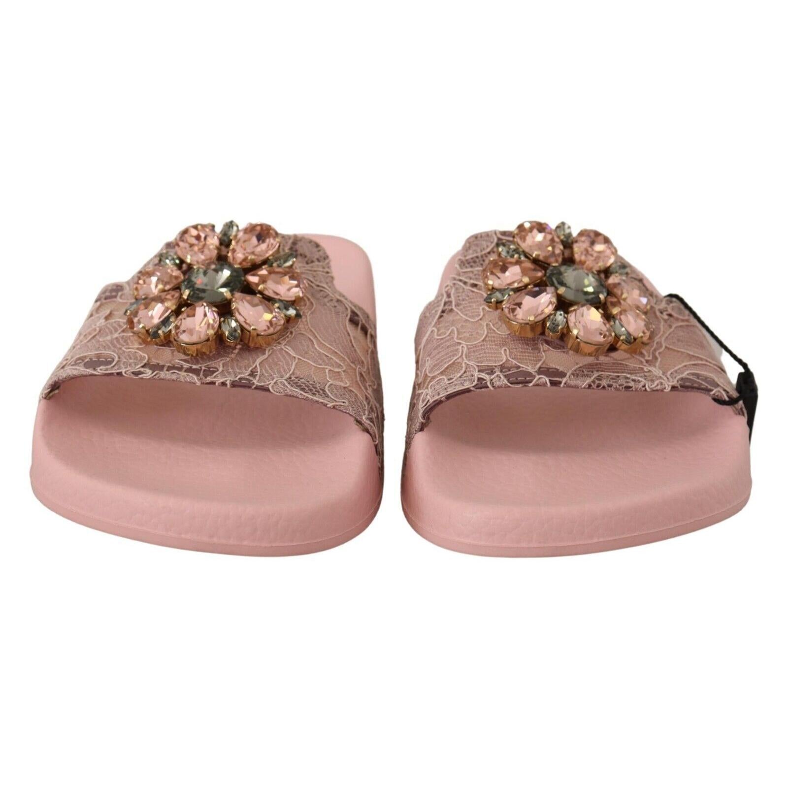 Dolce &amp; Gabbana Floral Lace Crystal Embellished Slide Flats