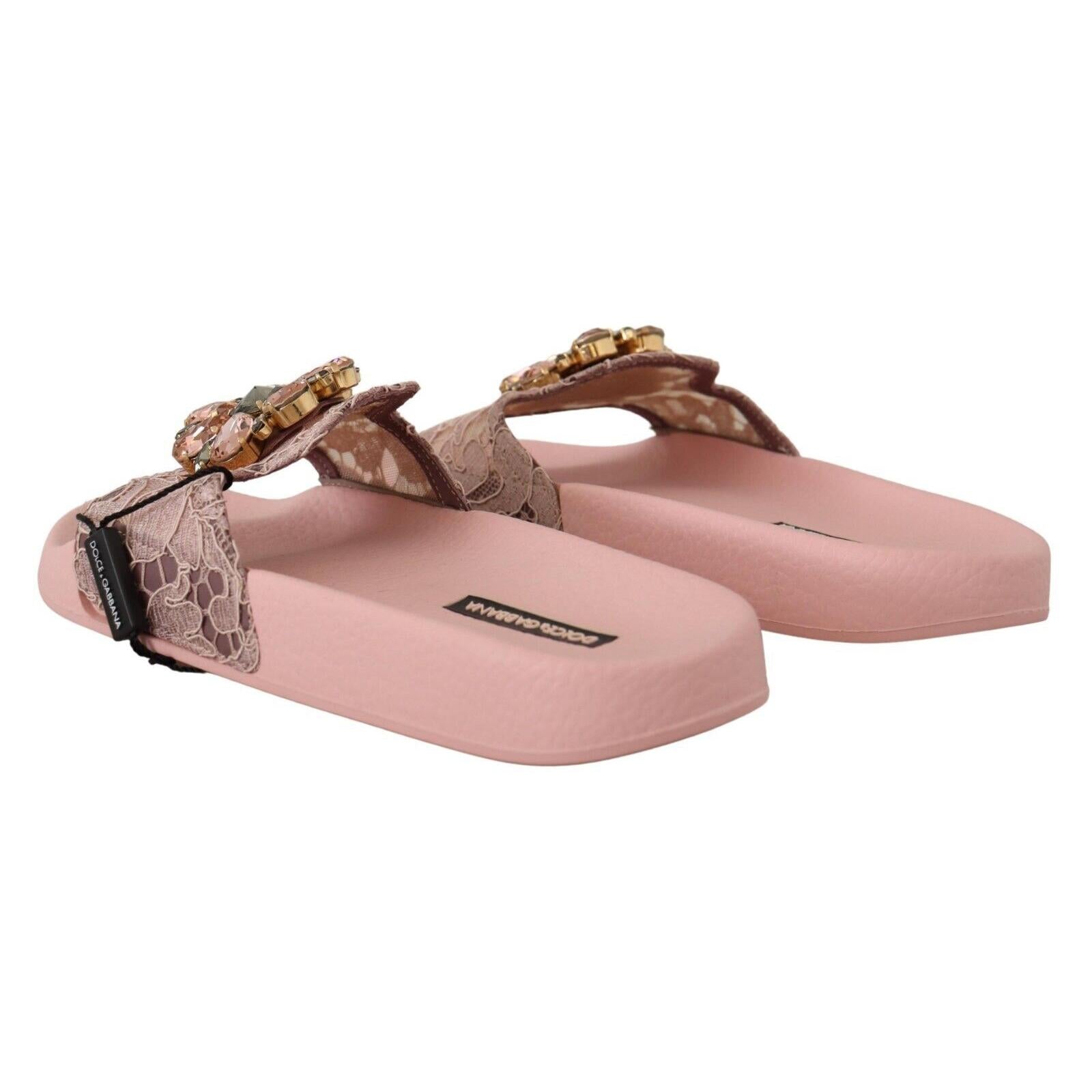Dolce &amp; Gabbana Floral Lace Crystal Embellished Slide Flats