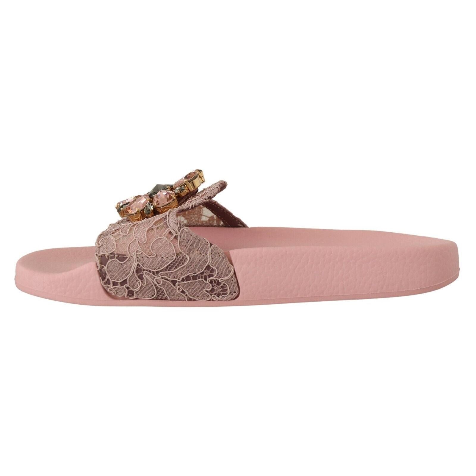 Dolce &amp; Gabbana Floral Lace Crystal Embellished Slide Flats