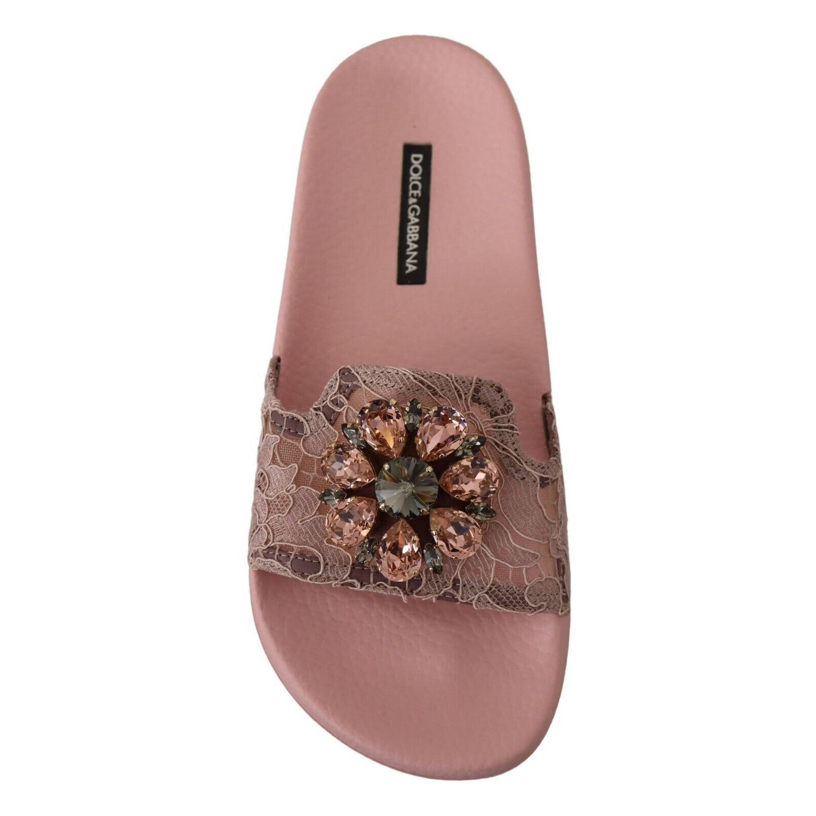 Dolce &amp; Gabbana Floral Lace Crystal Embellished Slide Flats