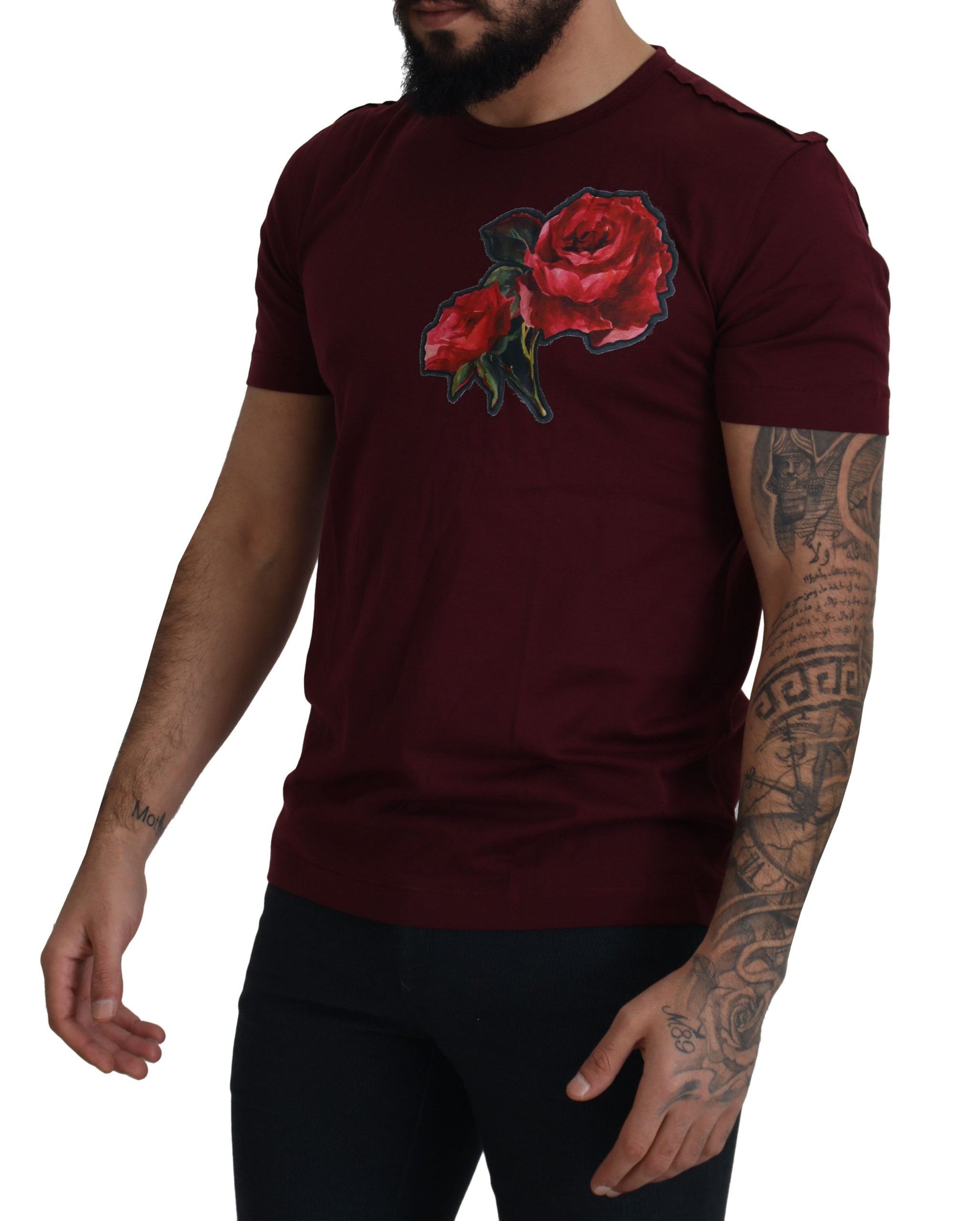 Dolce &amp; Gabbana Elegant Bordeaux Roses Motif Crewneck Tee