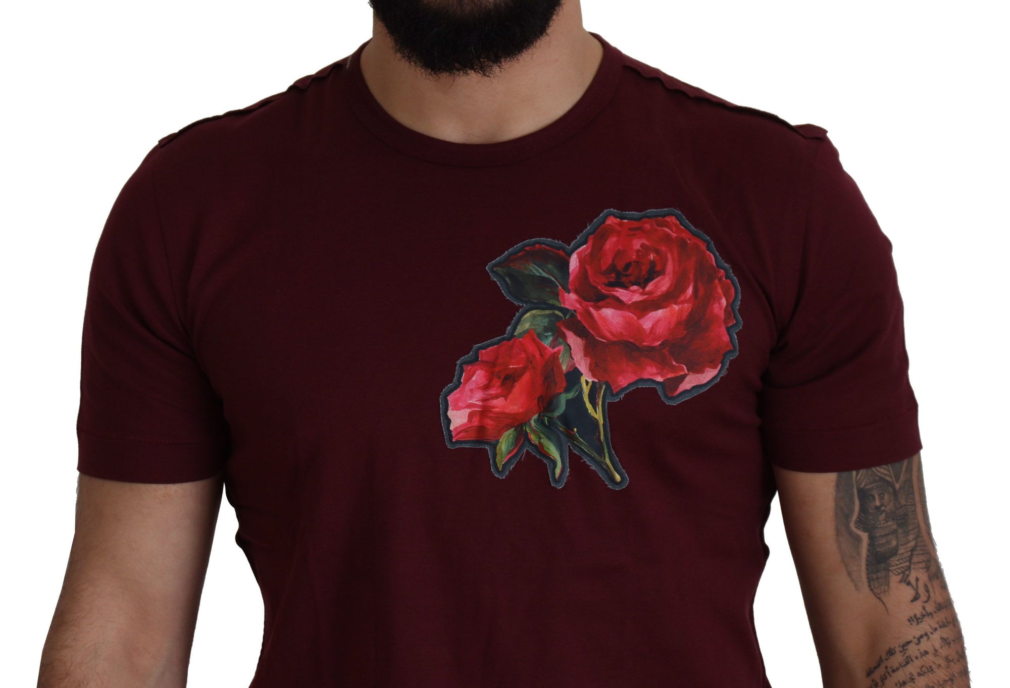Dolce &amp; Gabbana Elegant Bordeaux Roses Motif Crewneck Tee