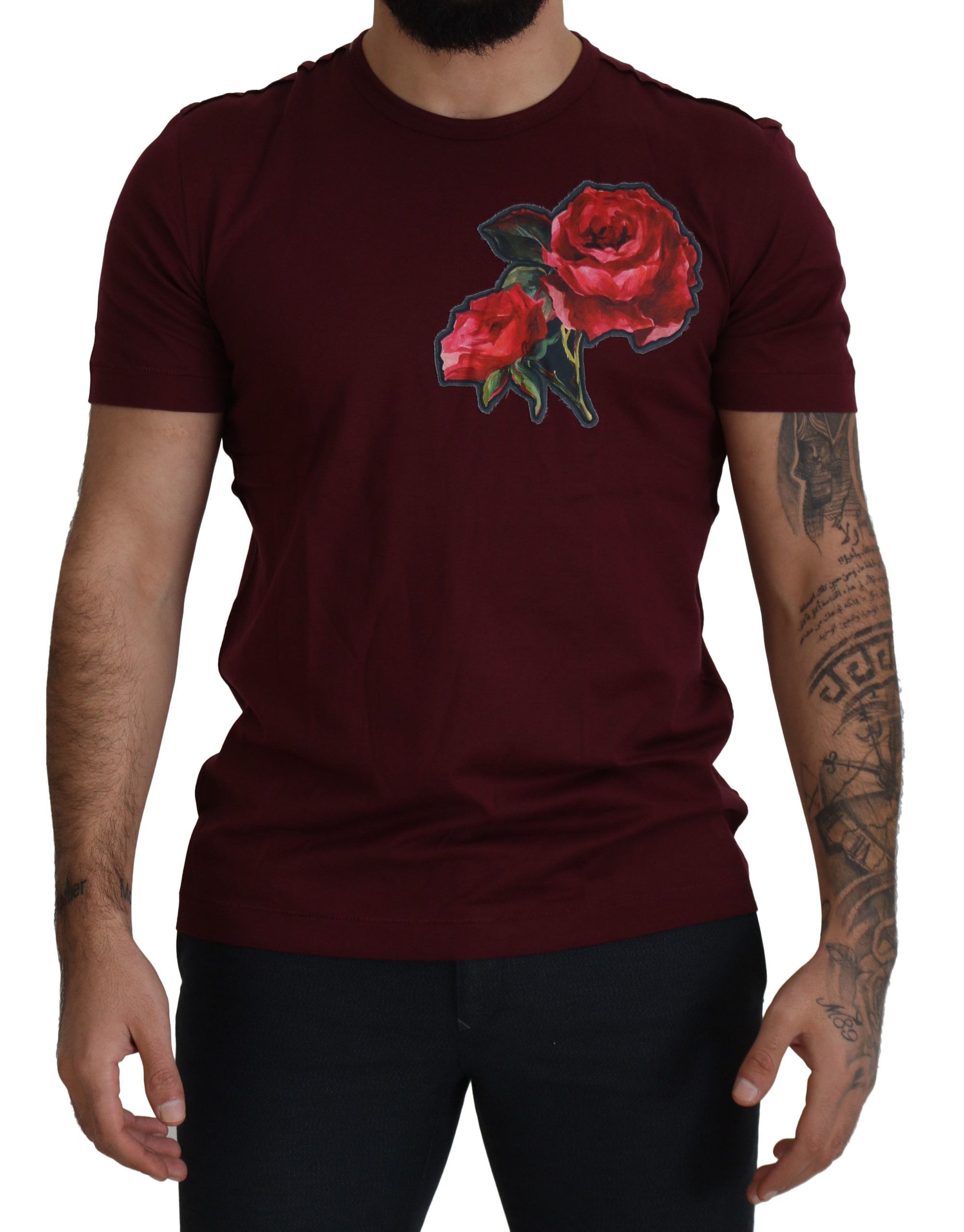 Dolce &amp; Gabbana Elegant Bordeaux Roses Motif Crewneck Tee