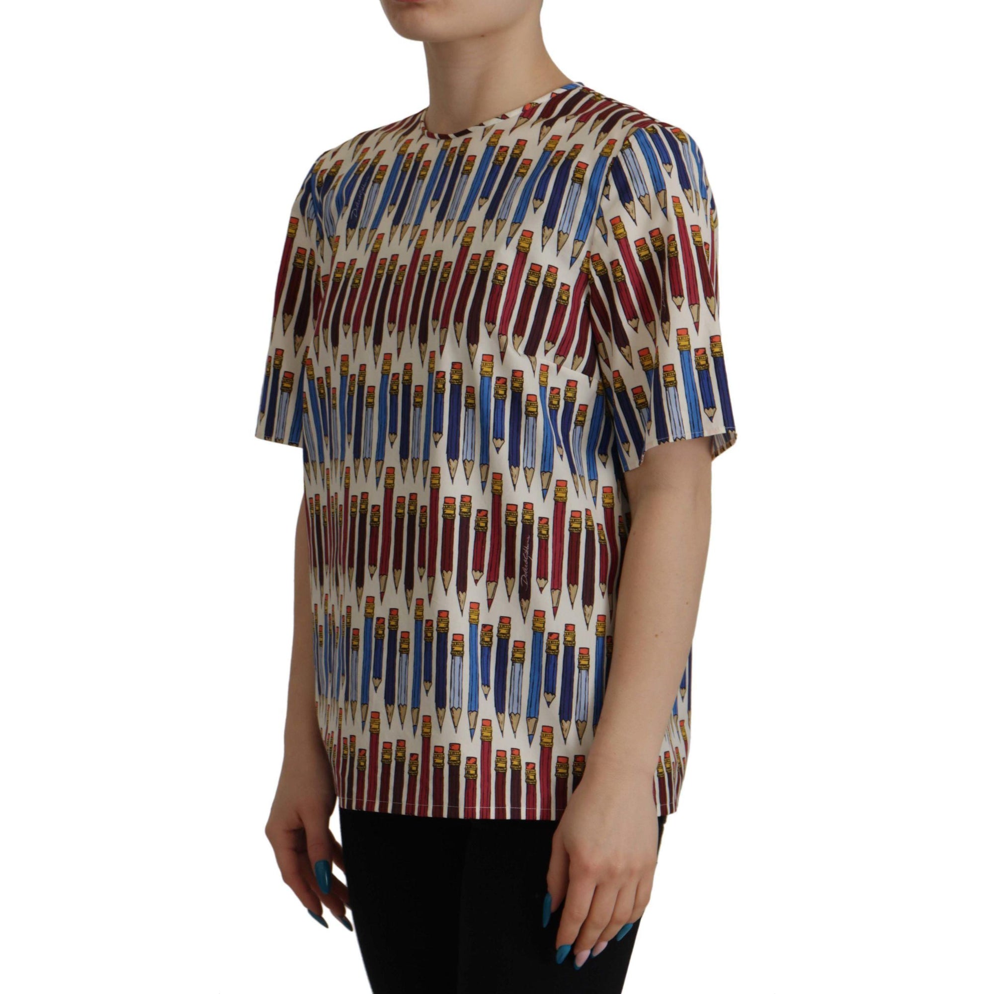 Dolce &amp; Gabbana Chic White Pencil Print Short Sleeve Blouse