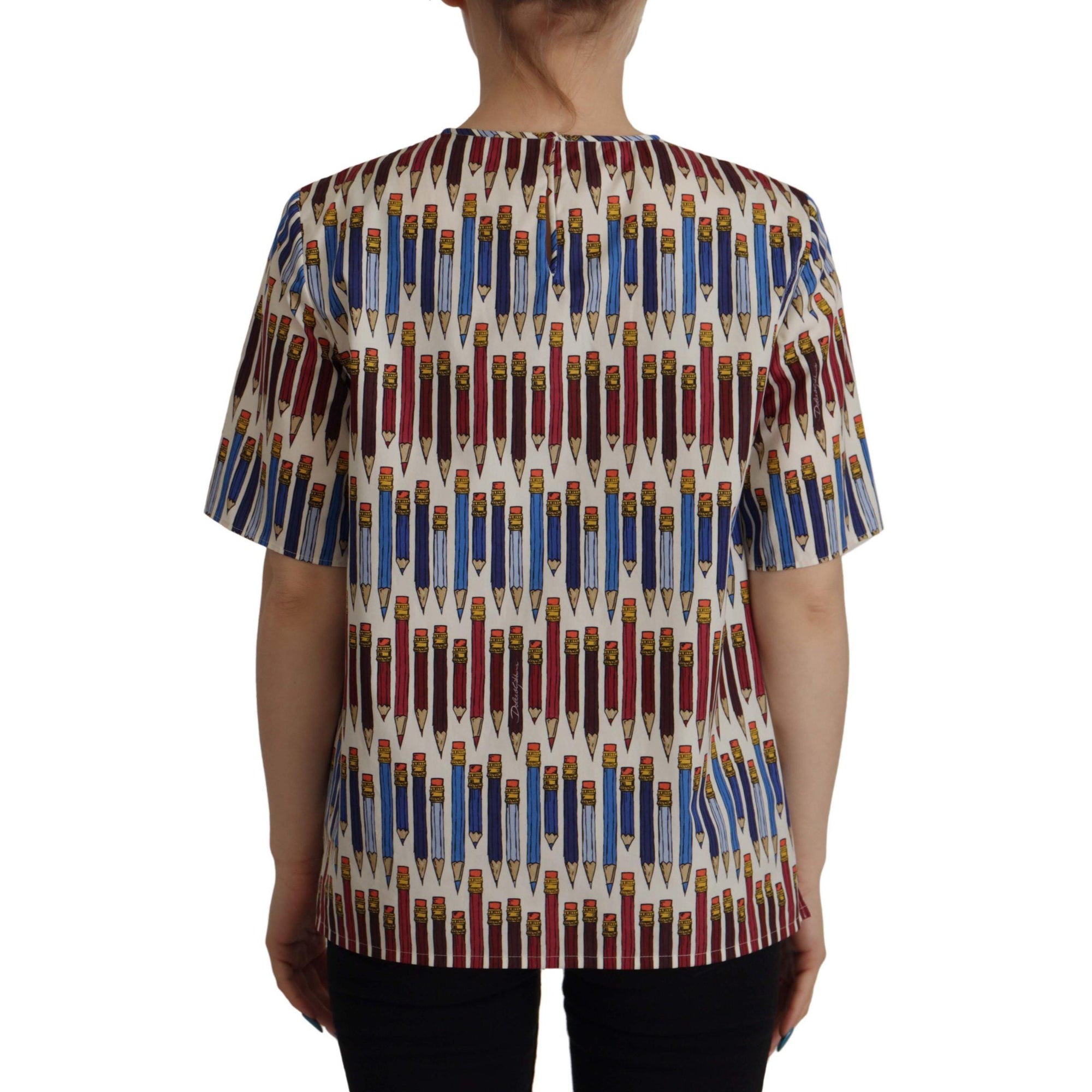 Dolce &amp; Gabbana Chic White Pencil Print Short Sleeve Blouse