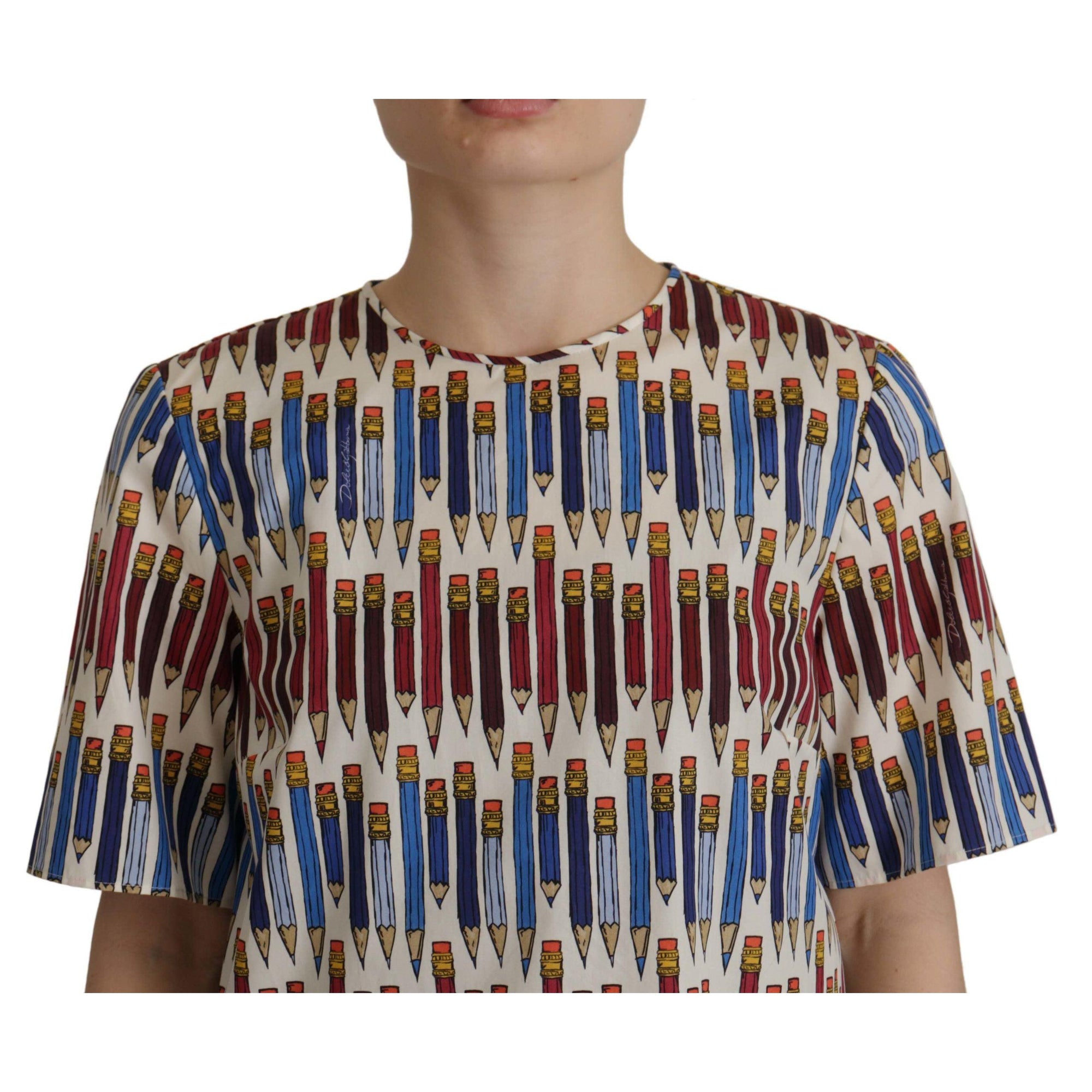 Dolce &amp; Gabbana Chic White Pencil Print Short Sleeve Blouse