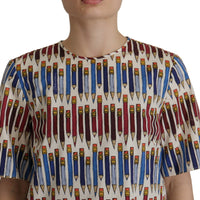 Dolce & Gabbana Chic White Pencil Print Short Sleeve Blouse