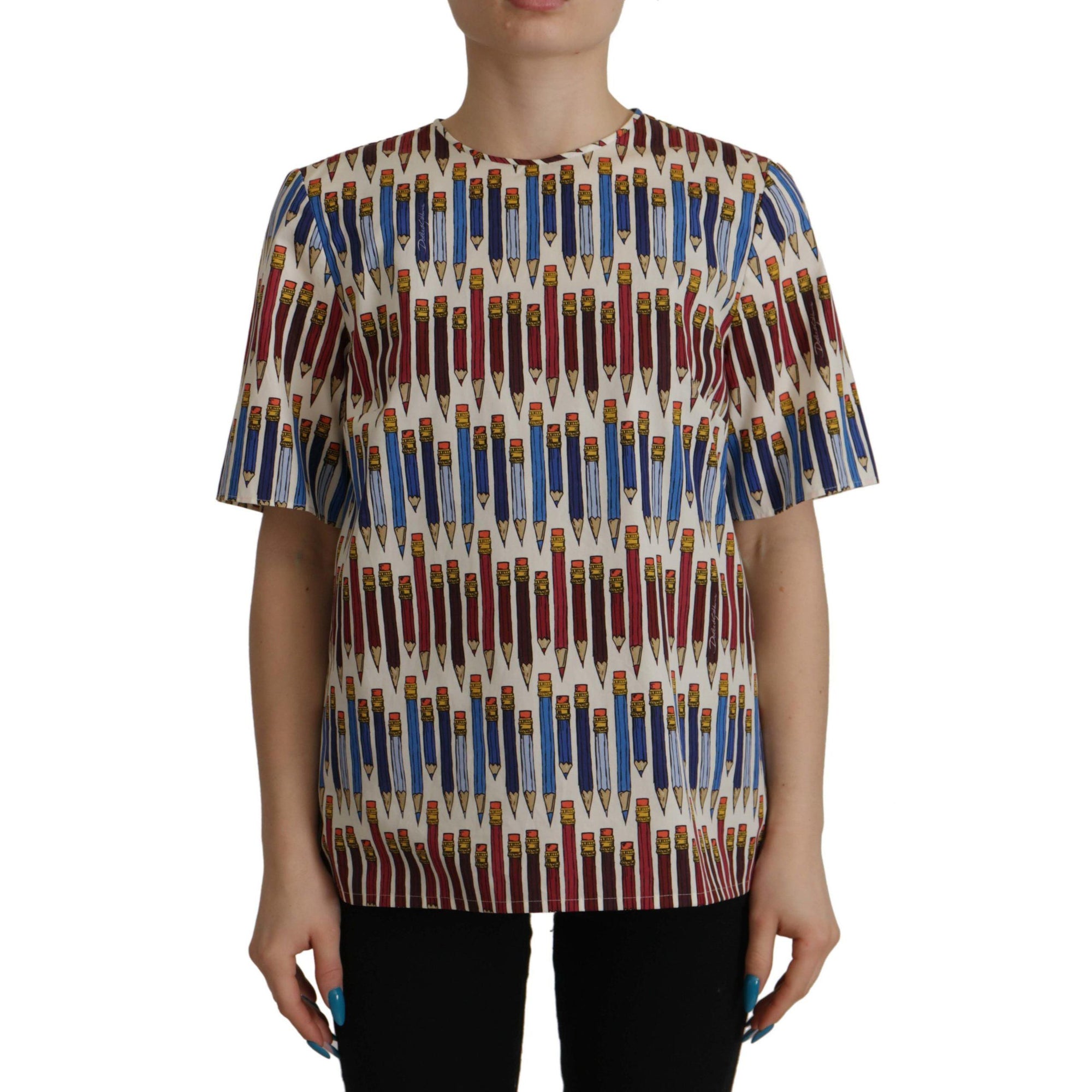 Dolce &amp; Gabbana Chic White Pencil Print Short Sleeve Blouse