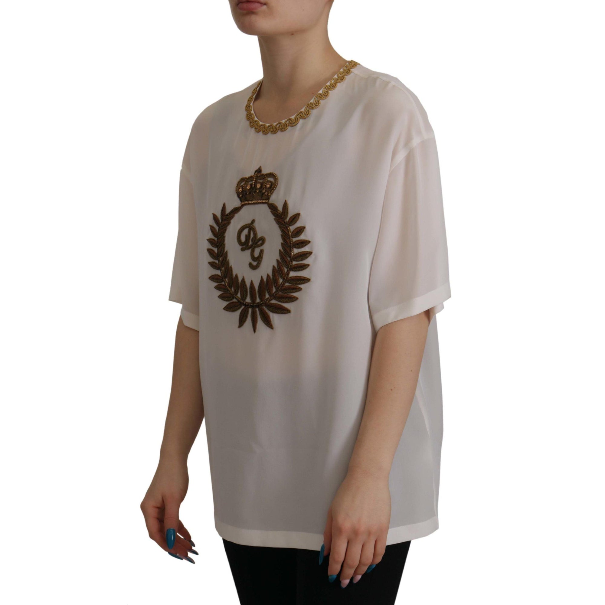Dolce &amp; Gabbana Elegant Silk Blouse with Gold Crown Embroidery