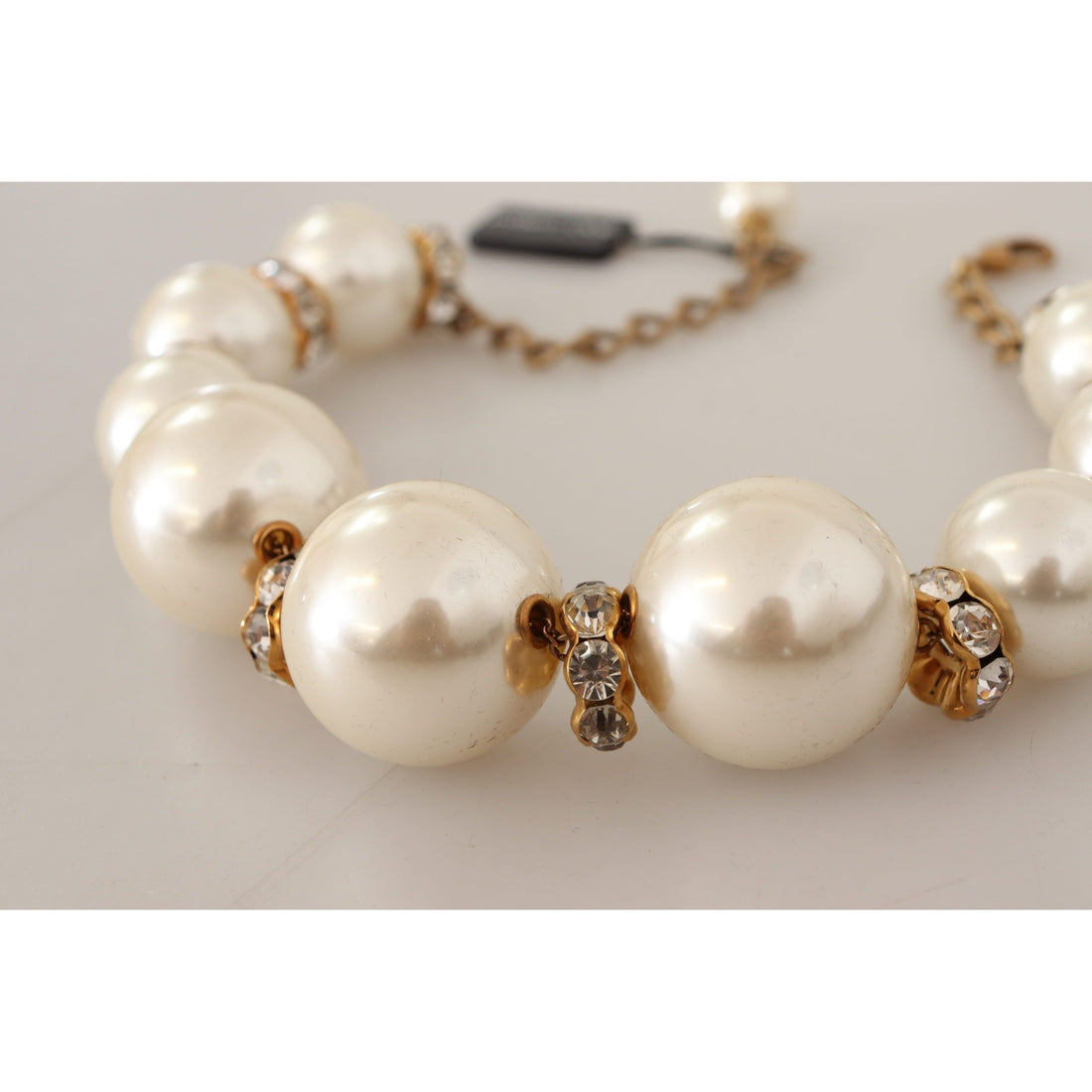 Dolce & Gabbana Elegant Faux Pearl Charm Necklace with Crystal Accents