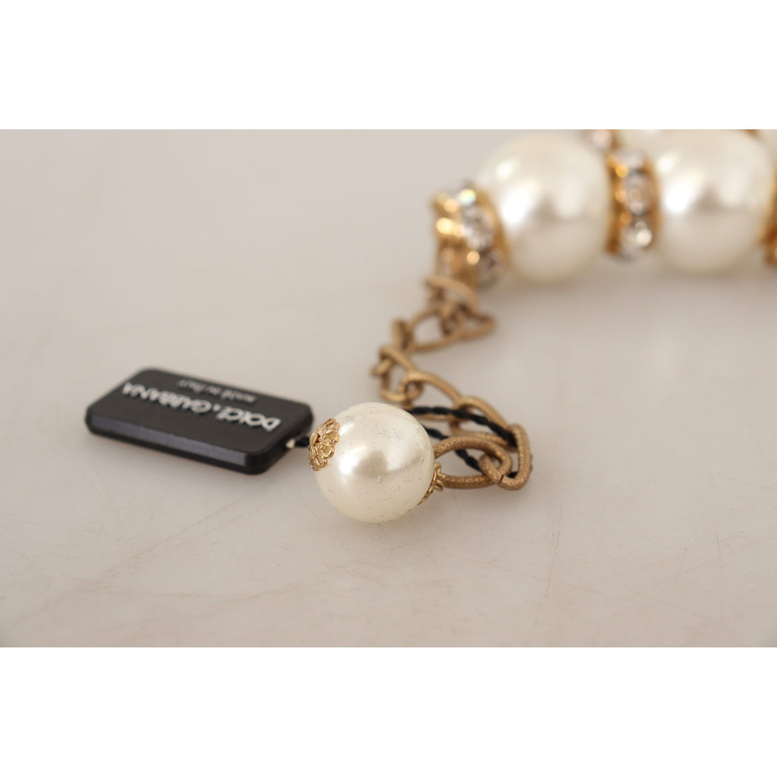 Dolce & Gabbana Elegant Faux Pearl Charm Necklace with Crystal Accents