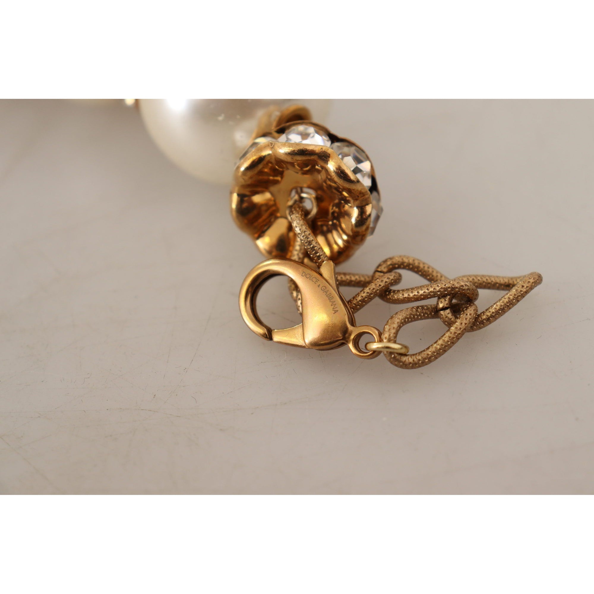 Dolce &amp; Gabbana Elegant Faux Pearl Charm Necklace with Crystal Accents