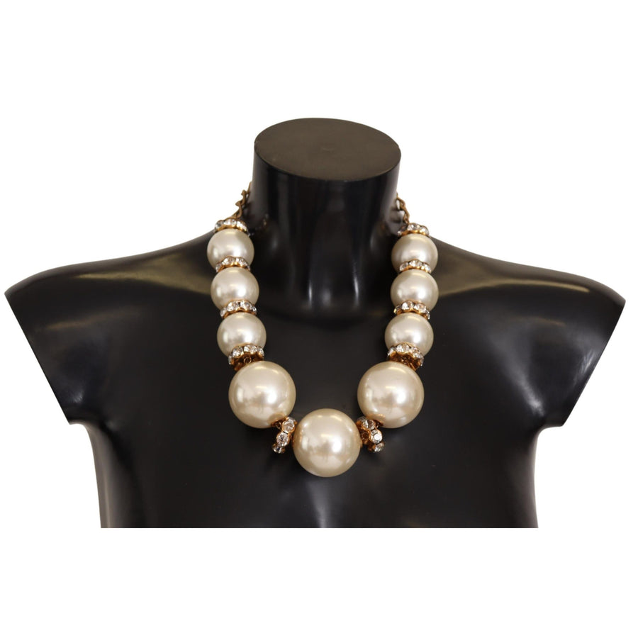 Dolce & Gabbana Elegant Faux Pearl Charm Necklace with Crystal Accents