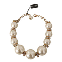 Dolce & Gabbana Elegant Faux Pearl Charm Necklace with Crystal Accents