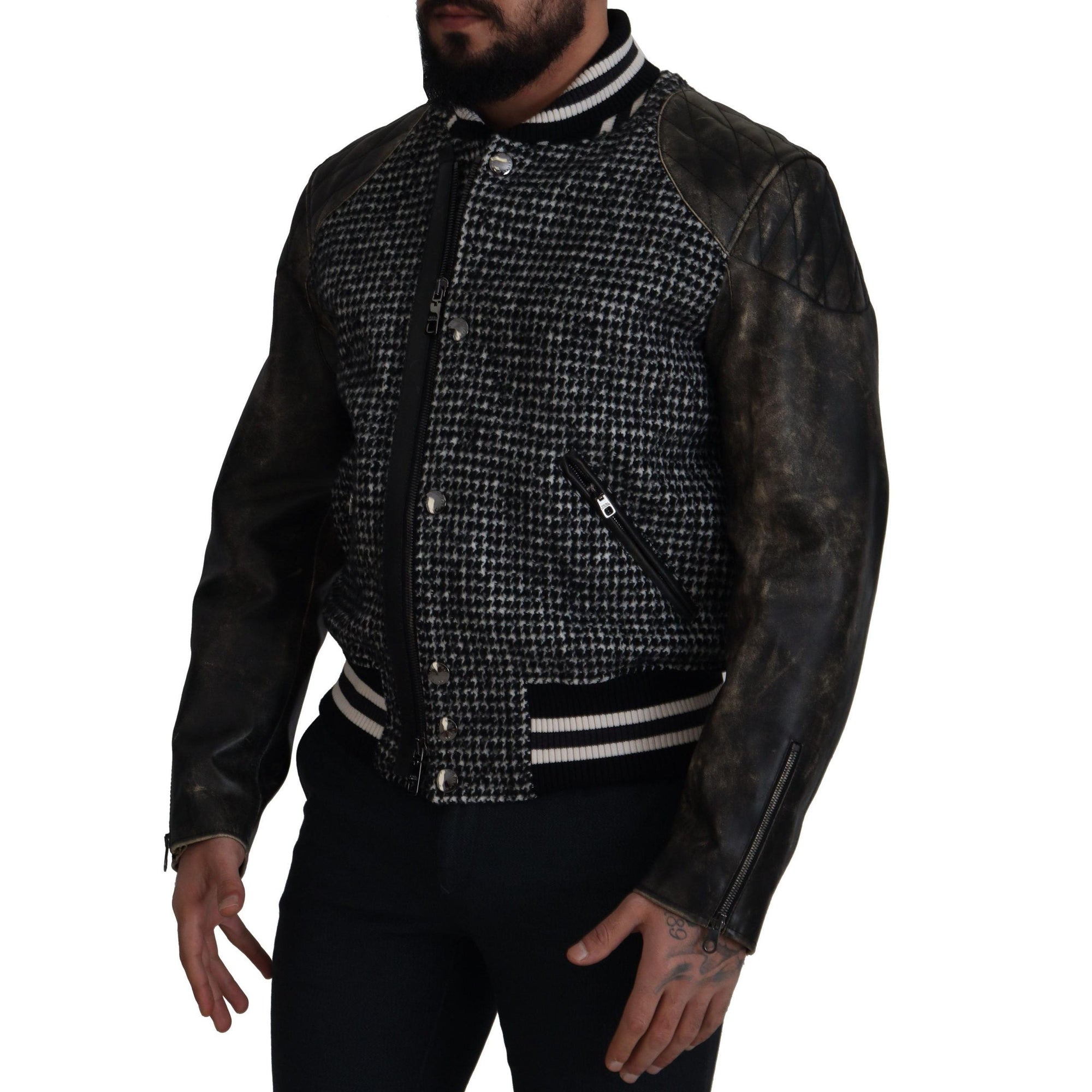Dolce &amp; Gabbana Multicolor Houndstooth Leather Bomber Jacket