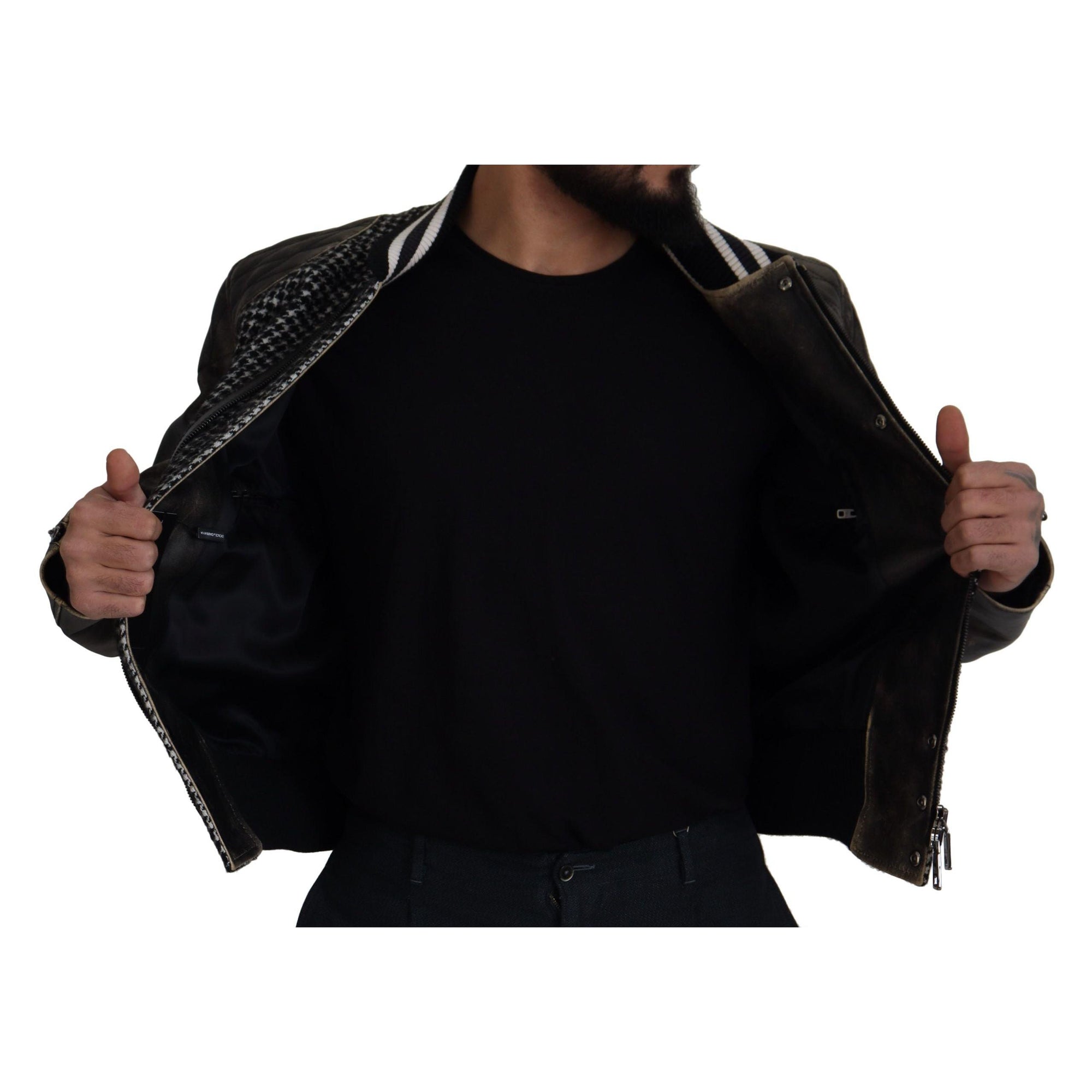 Dolce &amp; Gabbana Multicolor Houndstooth Leather Bomber Jacket
