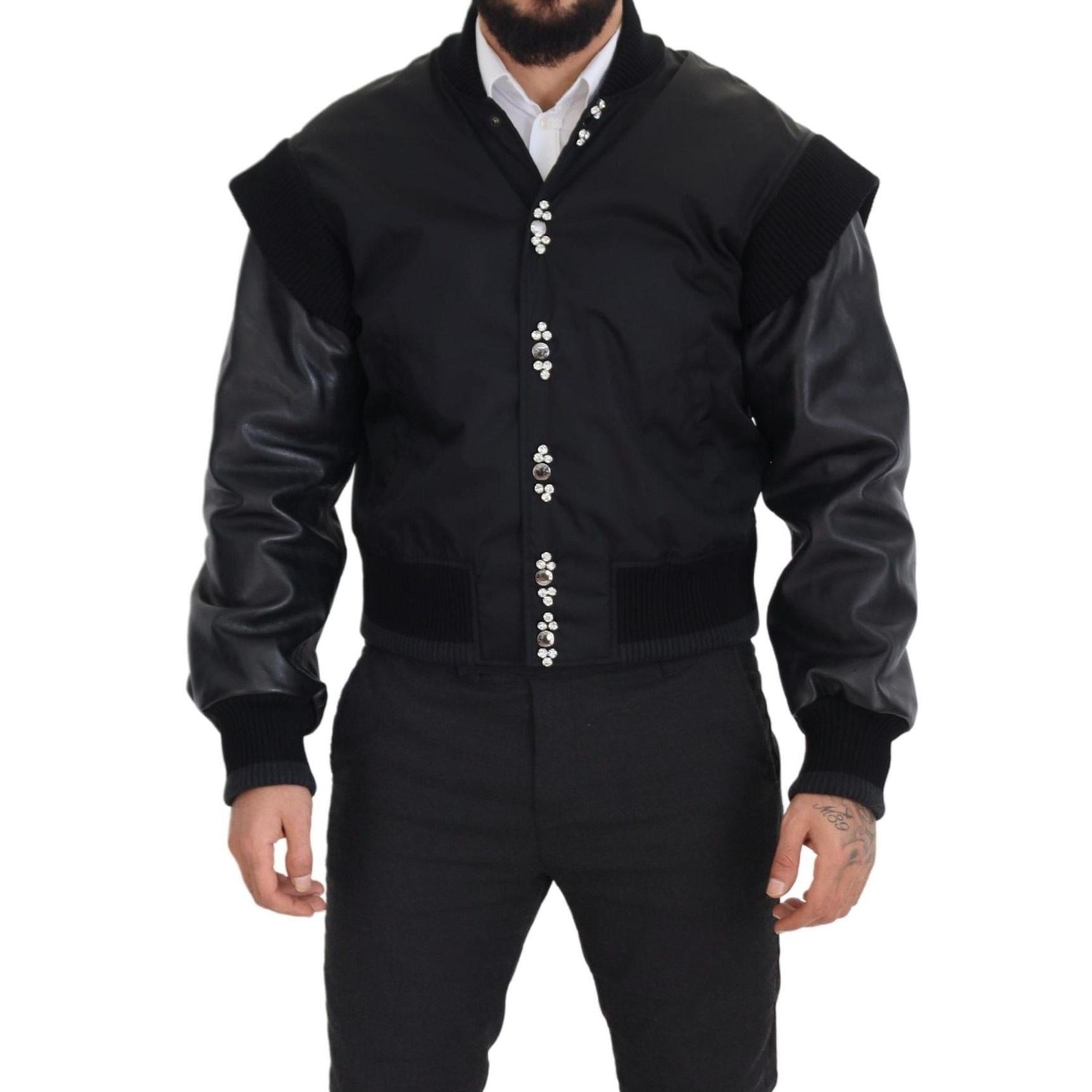 Dolce &amp; Gabbana Elegant Black Crystal-Embellished Bomber Jacket