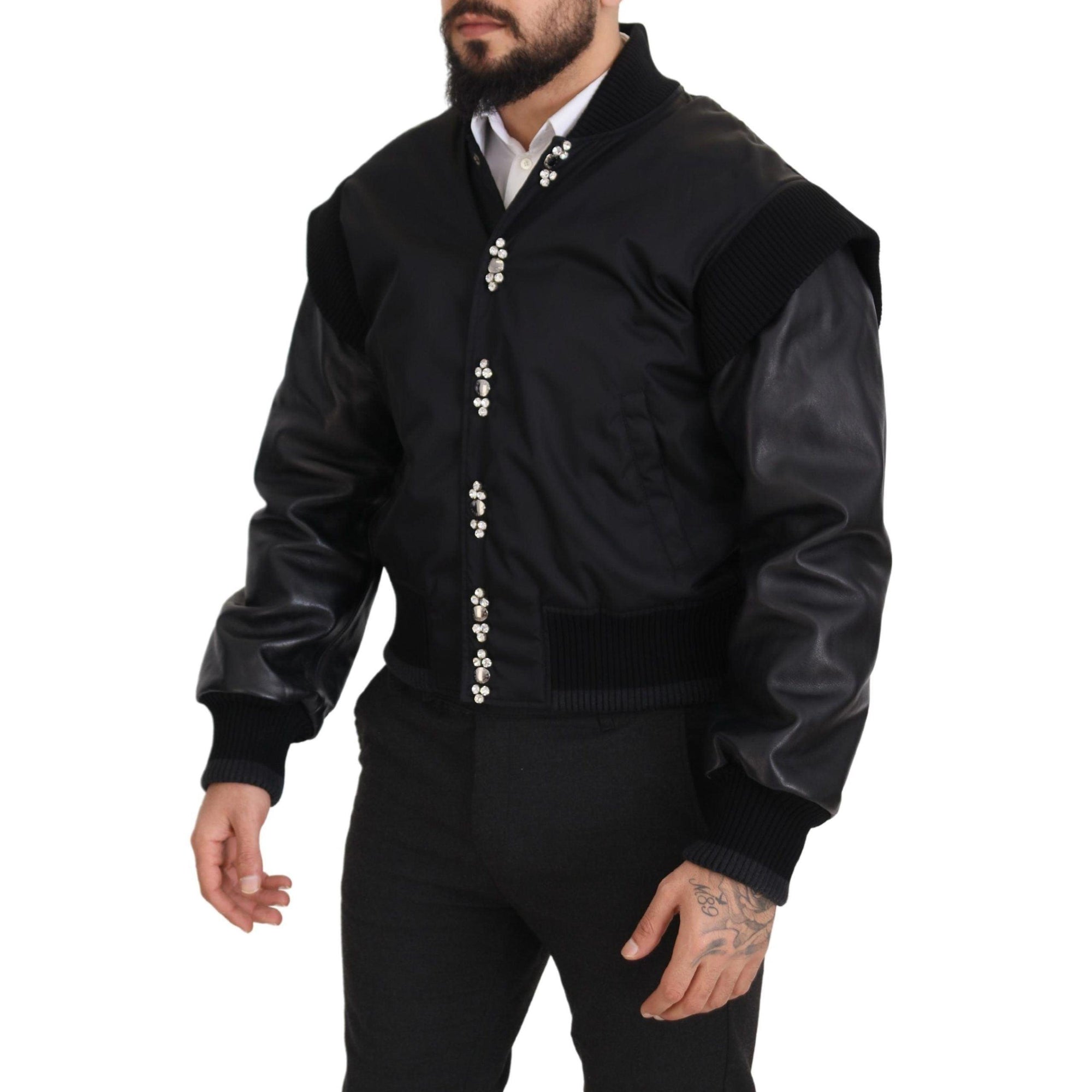 Dolce &amp; Gabbana Elegant Black Crystal-Embellished Bomber Jacket