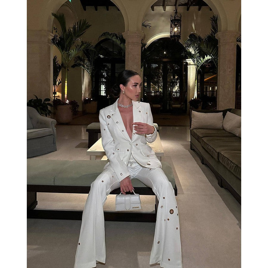 Designer Fashion Women's White Pantsuit - Hollow Rivet Eyelet Blazer and Flare Pants Set