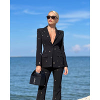 Designer Fashion Women's White Pantsuit - Hollow Rivet Eyelet Blazer and Flare Pants Set