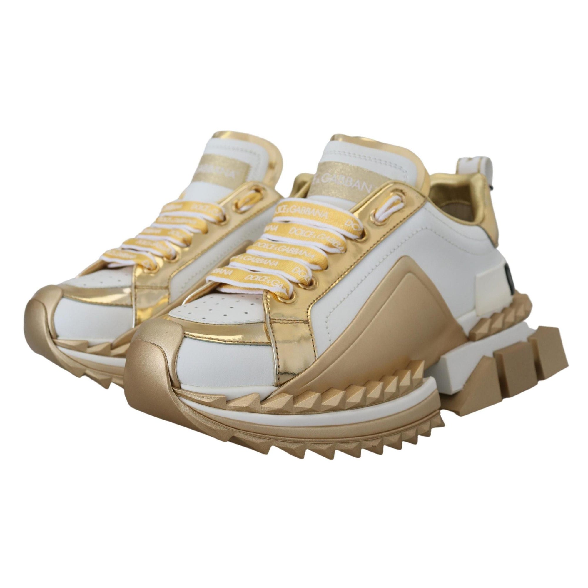 Dolce &amp; Gabbana Elegant White and Gold Leather Sneakers